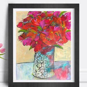 Original Art  Vibrant Red and Pink Flowers  Floral Wall Art